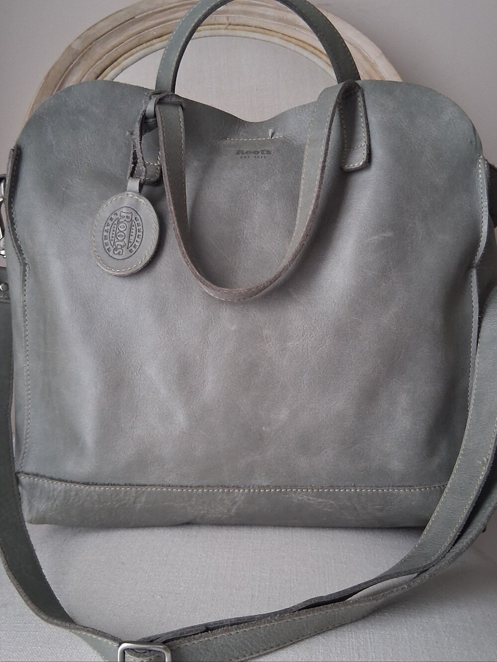 Roots Tribe Leather Grey Crossbody Tote Satchel VGUC Made In Canada